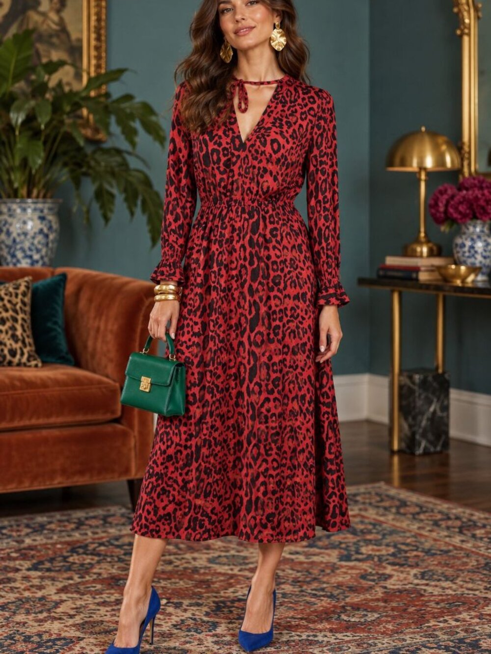 Zara Red Black Leopard Midi Dress Small Tie Neck Long Sleeve Office  Maximalist